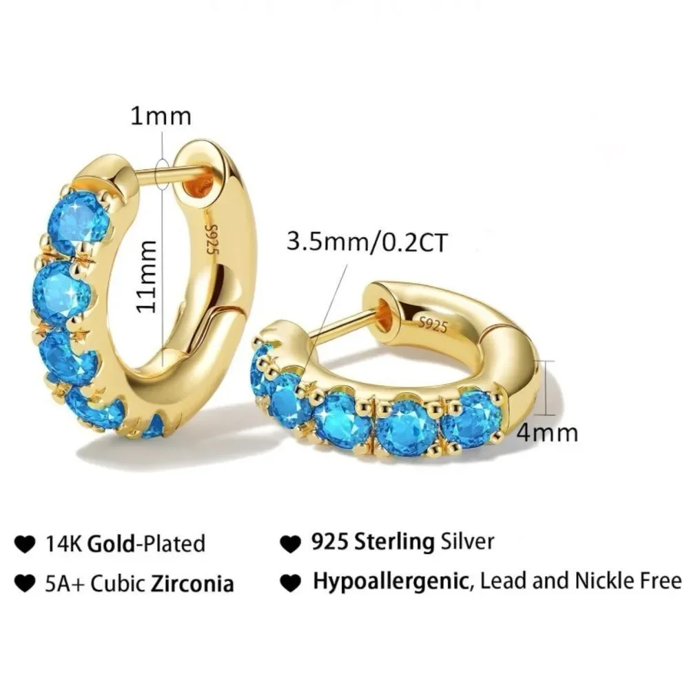 14K Yellow Gold 925 Sterling Silver Aquamarine Cubic Zirconia Huggie Earrings